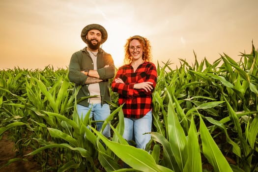 Family agricultural occupation. Man and woman are cultivating corn. They are satisfied with good progress of plants.