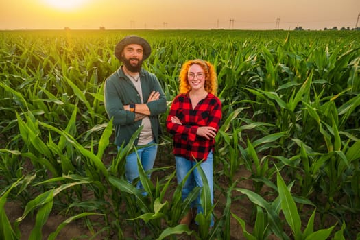 Family agricultural occupation. Man and woman are cultivating corn. They are satisfied with good progress of plants.