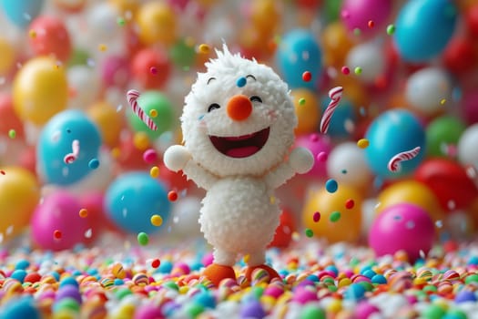 Happy cheerful snowman character enjoys bright colorful balloons.