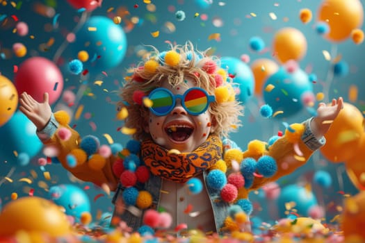 A happy cheerful boy enjoys bright colorful balloons. 3d illustration.