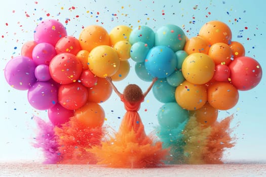 A happy cheerful man rejoices in bright multicolored balloons.