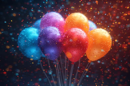 Lots of festive colorful balloons on a black background.
