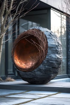 Modern design sculpture in the home interior in the form of a bird's nest.