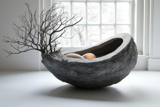 Modern design sculpture in the home interior in the form of a bird's nest.