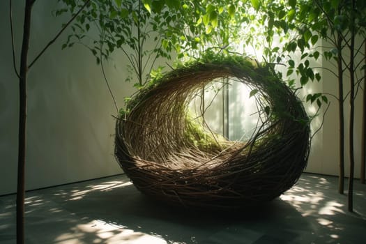 Modern design sculpture in the home interior in the form of a bird's nest.