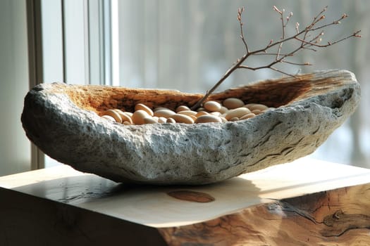 Modern design sculpture in the home interior in the form of a bird's nest.