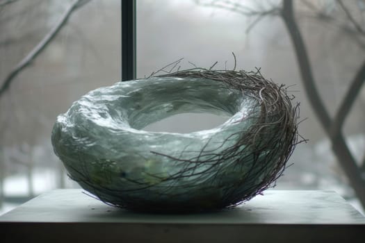 Modern design sculpture in the home interior in the form of a bird's nest.