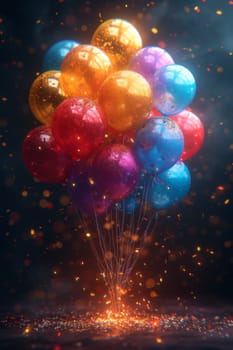 Lots of festive colorful balloons on a black background.