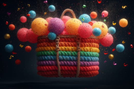 Lots of festive multicolored balloons in a rainbow-colored basket on a black background.