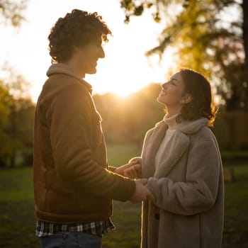 Portrait of happy loving couple in park in sunset. Couple in silhouette looking at each other.