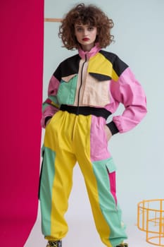 A fashionable girl in bright colorful retro-style clothes on a white background enjoys the atmosphere of the 80s and 90s.