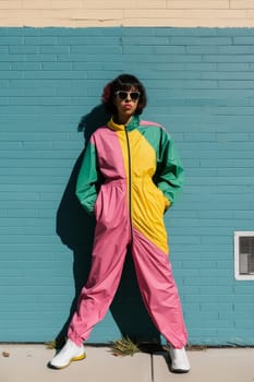 A fashionable girl in bright colorful retro-style clothes against a blue wall enjoys the atmosphere of the 80s and 90s.