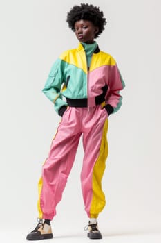 A fashionable girl in bright colorful retro-style clothes on a white background enjoys the atmosphere of the 80s and 90s.