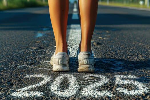 Women's feet in sneakers stand on the asphalt with the inscription 2025 . The athlete is at the start line.