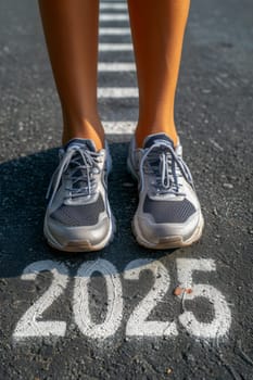 Women's feet in sneakers stand on the asphalt with the inscription 2025 . The athlete is at the start line.