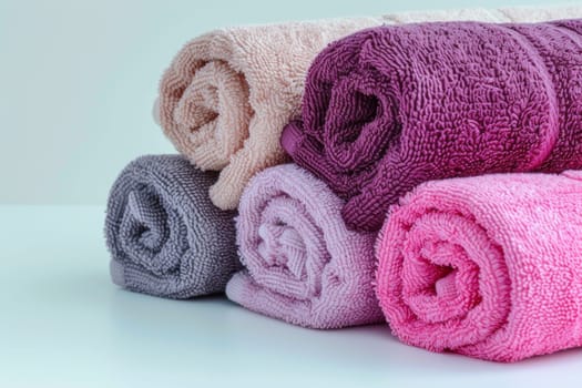 Clean pink and purple towels on a white insulated background.