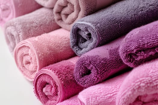 Clean pink and purple towels on a white insulated background.