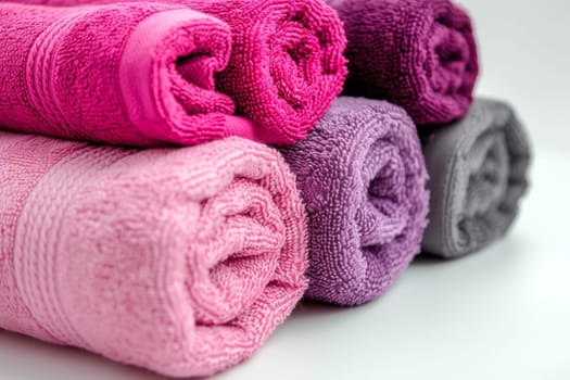 Clean pink and purple towels on a white insulated background.