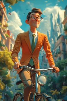 A cartoon character in a formal suit riding a bicycle down the street . 3d illustration.