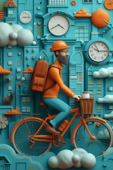 The cartoon character is a backpacker on a blue background riding a bicycle. 3d illustration.