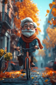 The cartoon character of an elderly man walks along an autumn street on a bicycle. 3d illustration.