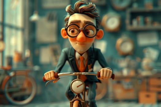 A cartoon character in a formal suit riding a bicycle down the street . 3d illustration.