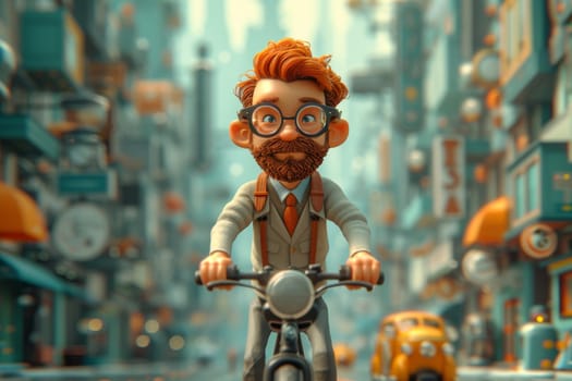 A cartoon character in a formal suit riding a bicycle down the street . 3d illustration.