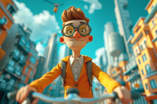 The cartoon character is a teenager riding a bike down the street . 3d illustration.