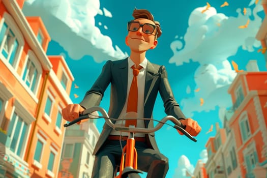 A cartoon character in a formal suit riding a bicycle down the street . 3d illustration.