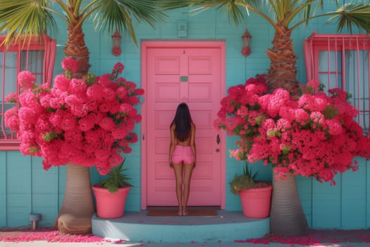 a girl in a pink dress near the entrance to a house with tropical vegetation.