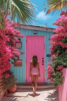 a girl in a pink dress near the entrance to a house with tropical vegetation.