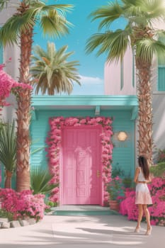 a girl in a pink dress near the entrance to a house with tropical vegetation.