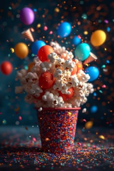 Festive explosive popcorn in a glass on a black background.