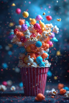 Festive explosive popcorn in a glass on a black background.