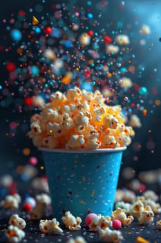 Festive explosive popcorn in a glass on a black background.