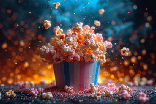 Festive explosive popcorn in a glass on a black background.