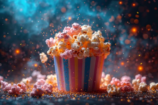 Festive explosive popcorn in a glass on a black background.