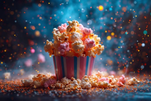 Festive explosive popcorn in a glass on a black background.