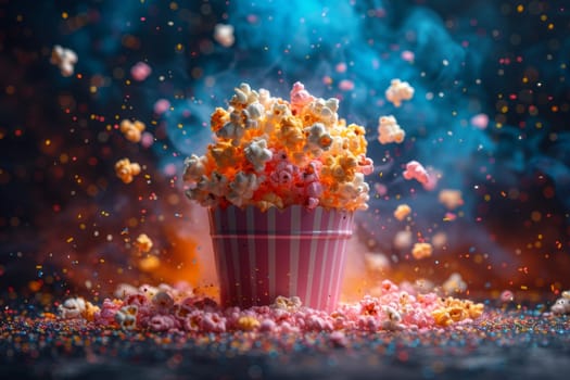 Festive explosive popcorn in a glass on a black background.