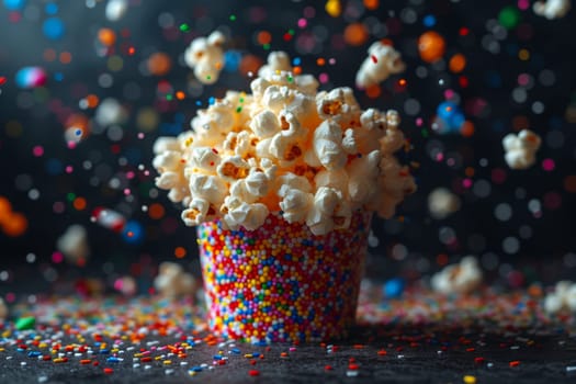 Festive explosive popcorn in a glass on a black background.