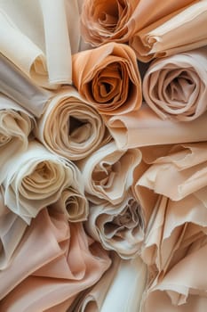 Close-up of various rolls of multicolored fabric stacked.