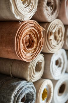 Close-up of various rolls of multicolored fabric stacked.