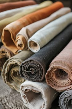 Close-up of various rolls of multicolored fabric stacked.