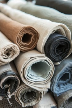 Close-up of various rolls of multicolored fabric stacked.