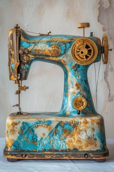 An antique sewing machine is ready to work on the table.