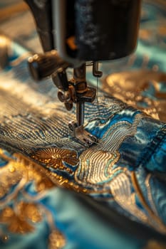 Close-up of a sewing machine needle stitching fabric. Seamstress's Job.