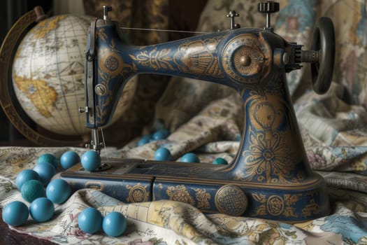 The sewing machine stands on a fabric with a world map pattern. Seamstress's job.