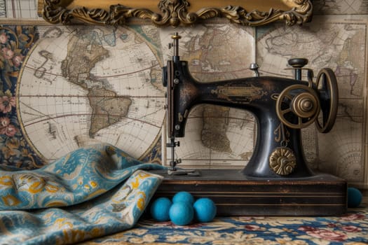 The sewing machine stands on a fabric with a world map pattern. Seamstress's job.