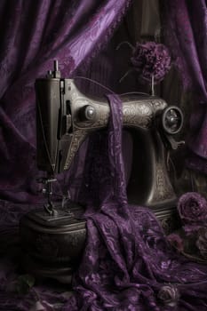 An antique sewing machine is ready to work on the table.