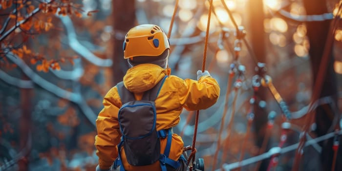 View of high ropes course, process of climbing in amusement activity rope park. happy children climbing. ai generated